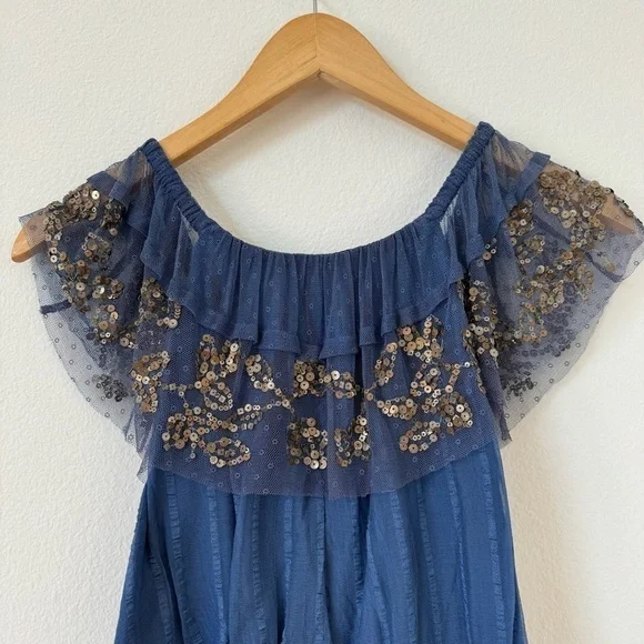 Free People Elisas Off the Shoulder Gold Sequin Blue Top XS SAMPLE - Picture 7 of 15